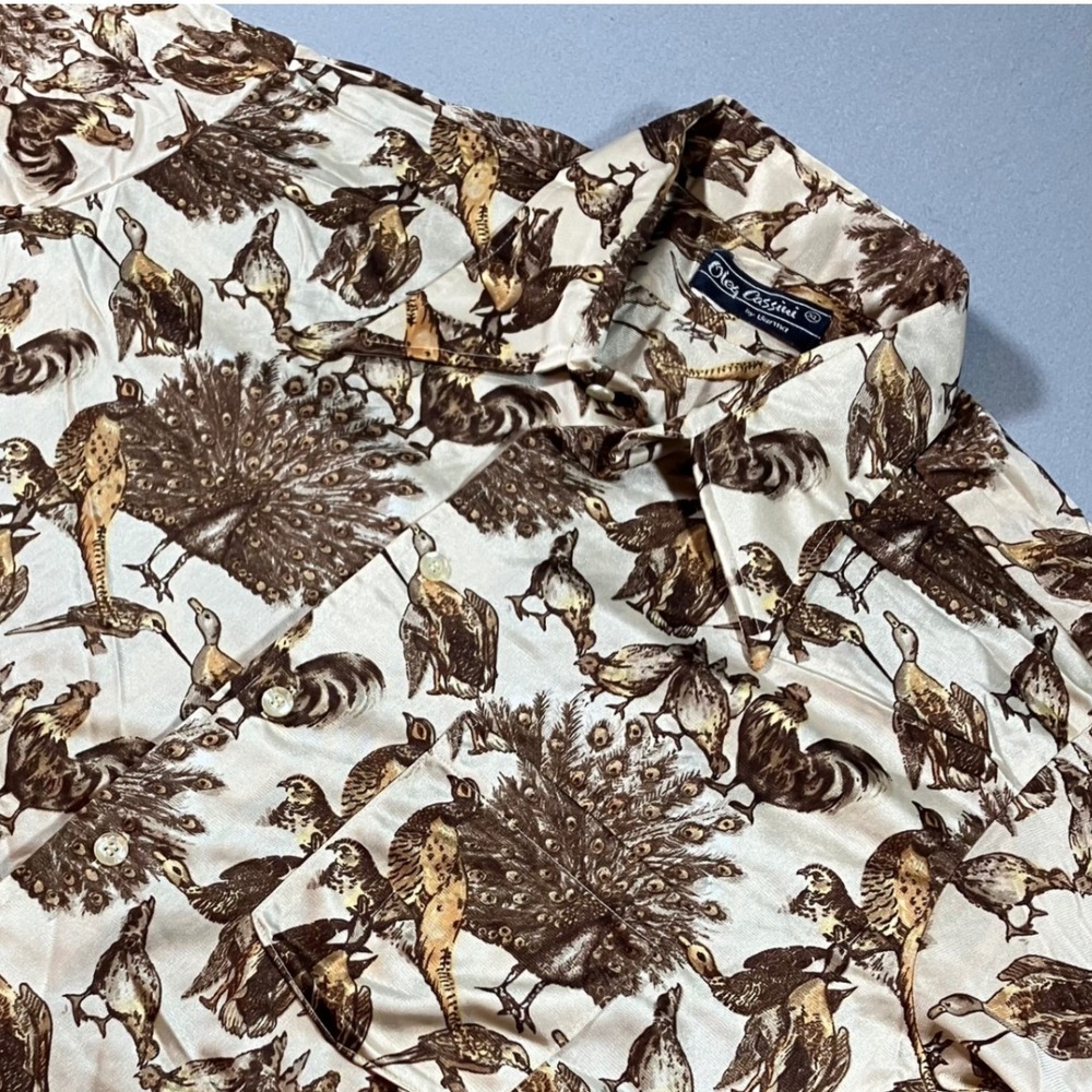 Vtg 70's Oleg Cassini Button Down Shirt XL Brown Cream Bird Print Disco Collar